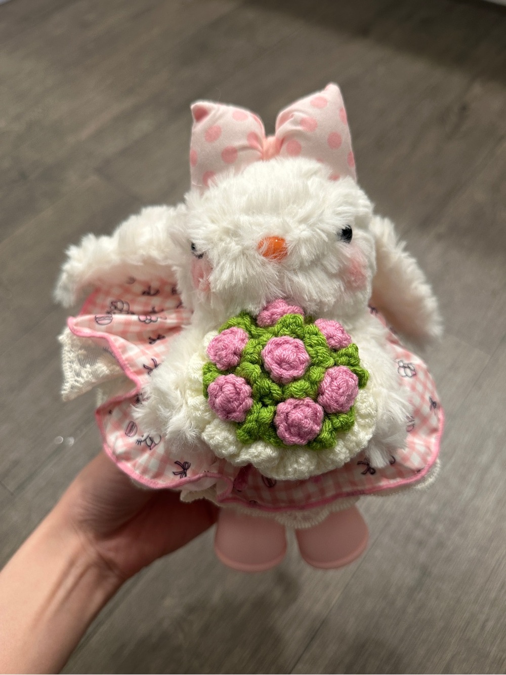 White Plush Bunny Doll with Pink Accents and Crocheted Flower